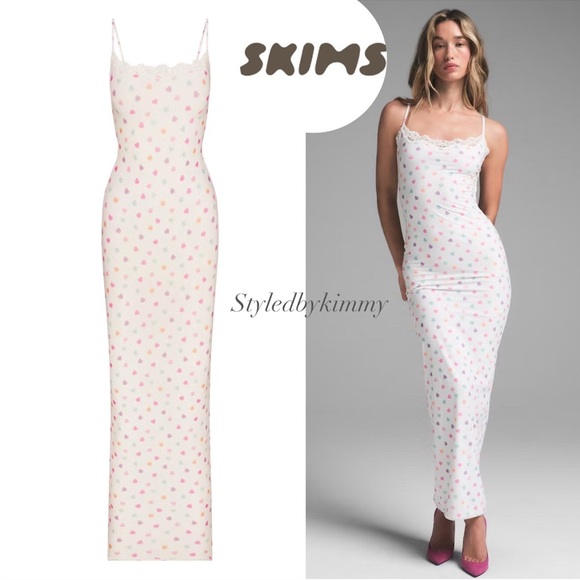 SKIMS FITS EVERYBODY LACE LONG SLIP DRESS MARBLE CANDY HEART PRINT XS NEW NWT - Picture 1 of 8